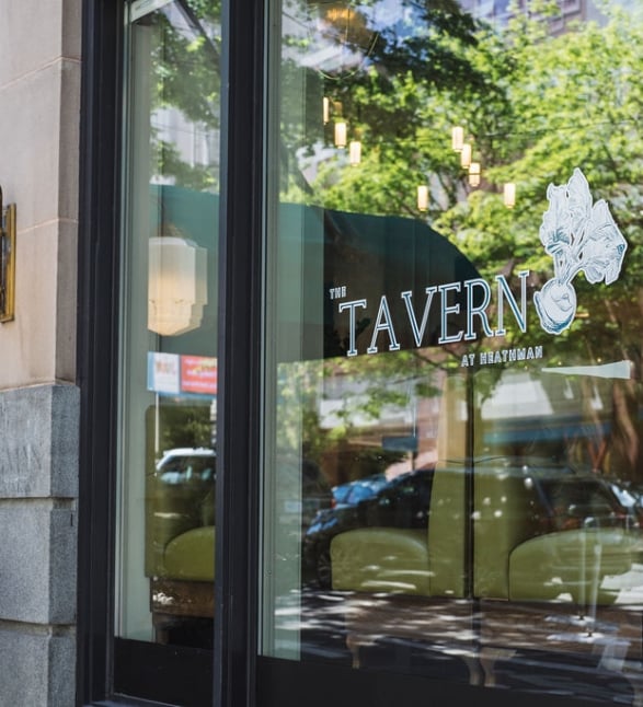 The outside window of The Tavern the Heathman Hotel in Portland, Oregon.