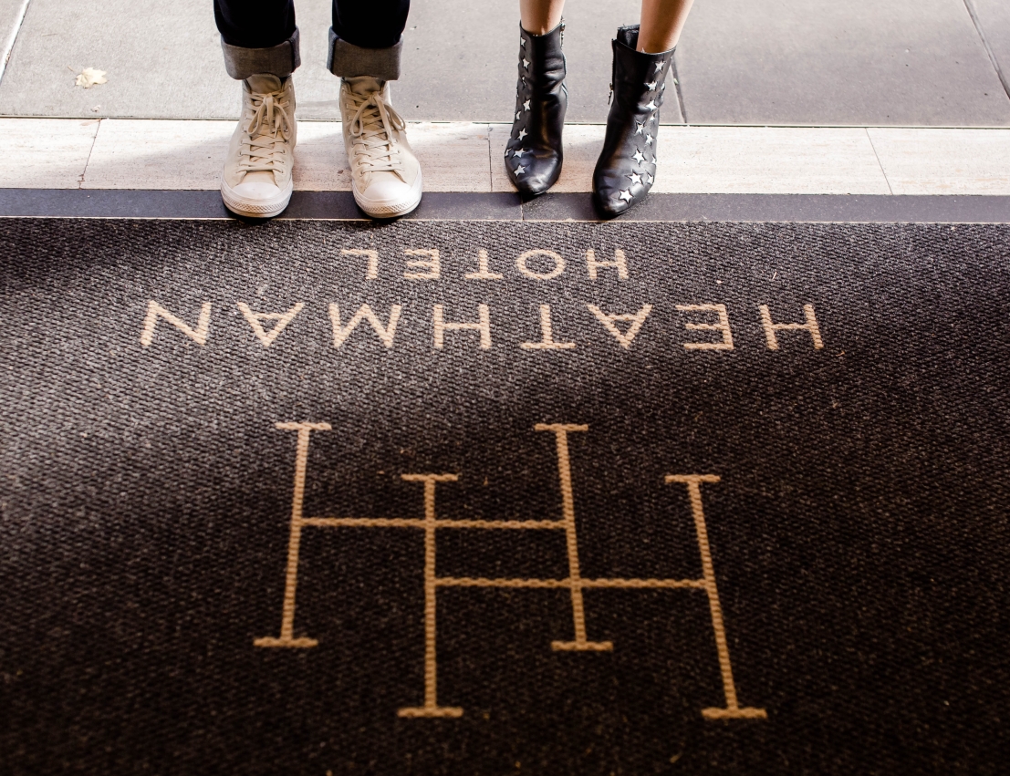 welcome mat at the entrance of the Heathman Hotel