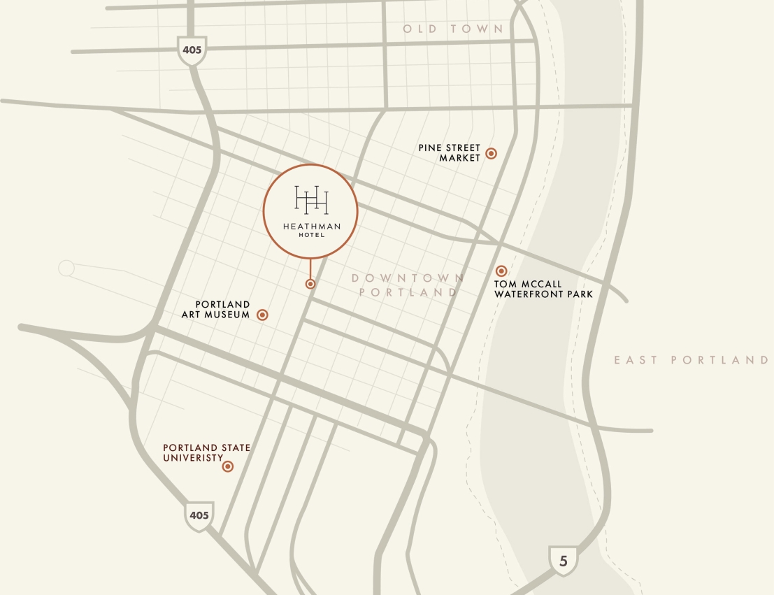 map of the Portland and the Heathman Hotel